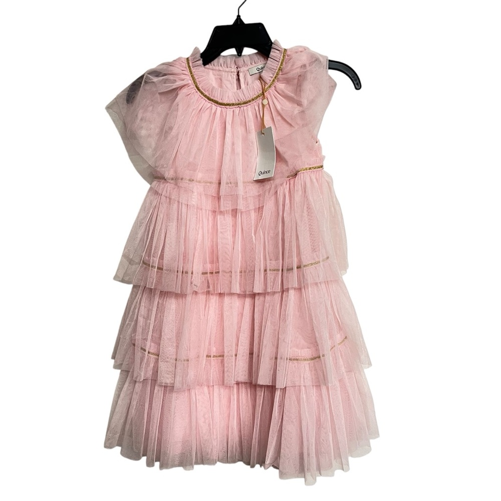 Quince Pink Tiered Tulle Party Dress with Gold Trim